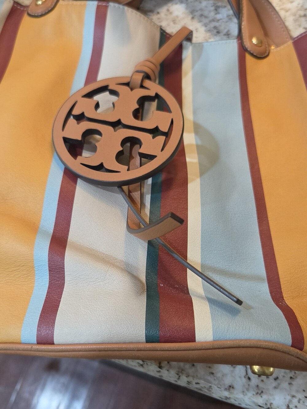 Tory Burch Striped Leather Key & Card Holder in Tan, Light Blue and Burgundy